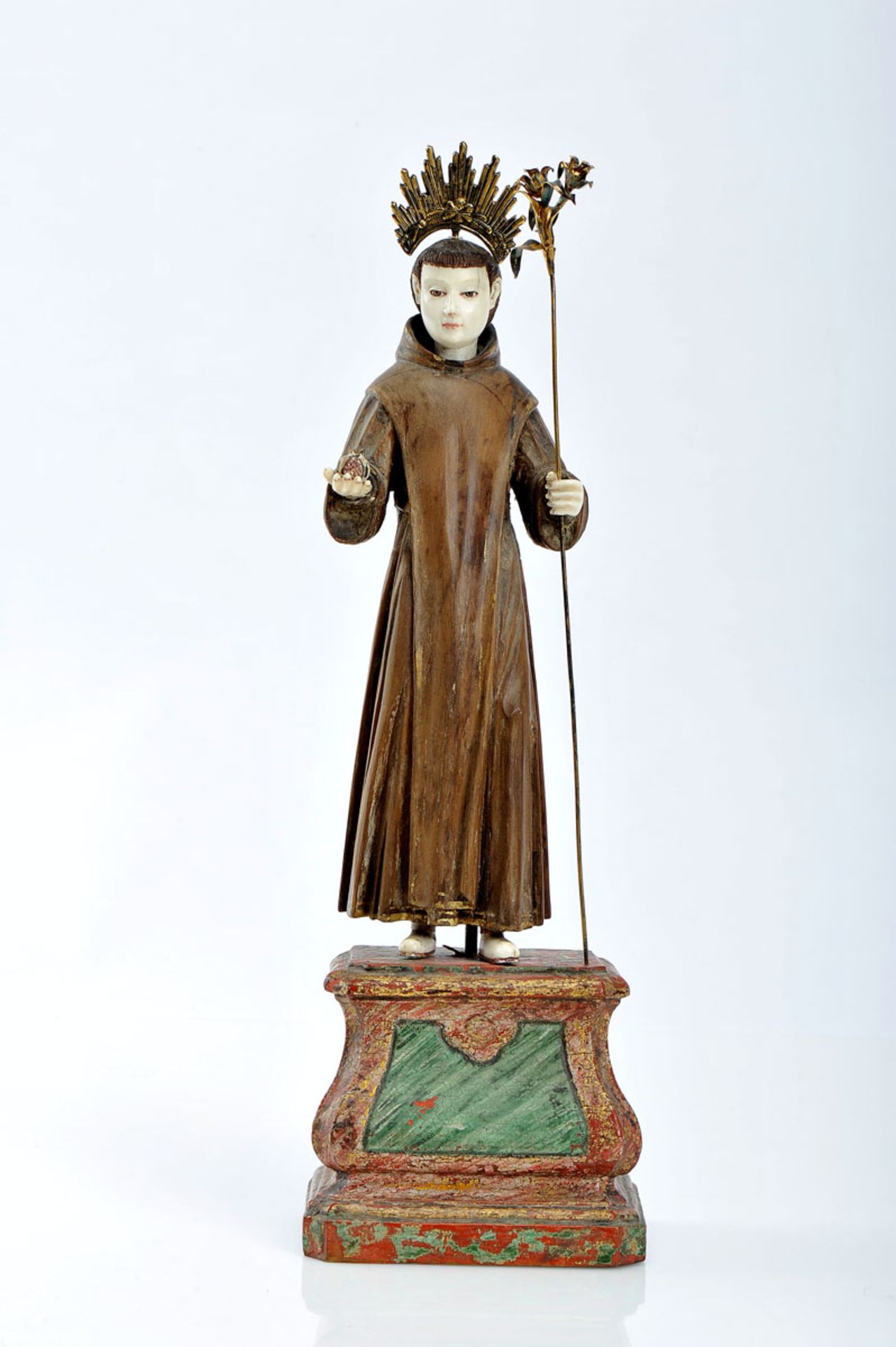 St. John of God, wood carving, ivory face, hands and feet, gilt silver halo and rod of lilies,