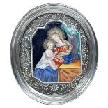 Our Lady with Child Jesus holding a Rose, polychrome enamel convex plaque, French, 18th C., small