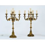 A Pair of Five-light Candelabra, gilt bronze en relief, European, 19th C., electrified with hole for