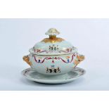 A small oval tureen with stand, Chinese export porcelain, polychrome and gilt decoration with the