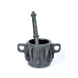 A Mortar with Pestle, gothic, bronze, ribbed decoration en relief, two spikes with holes for