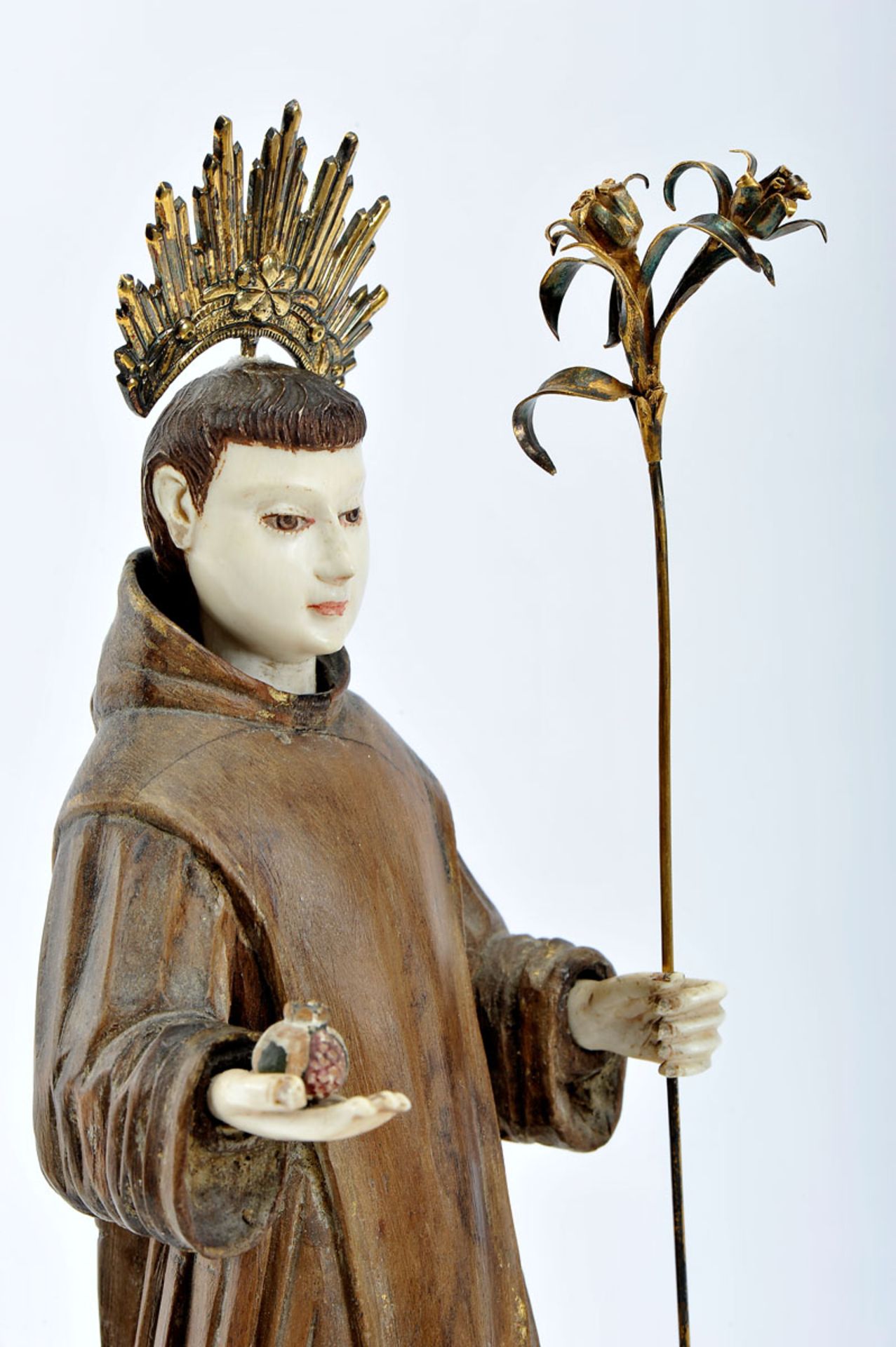 St. John of God, wood carving, ivory face, hands and feet, gilt silver halo and rod of lilies, - Bild 2 aus 2