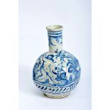 A Square Bottle, faience probably from Talavera, blue decoration "Landscape with female figure and