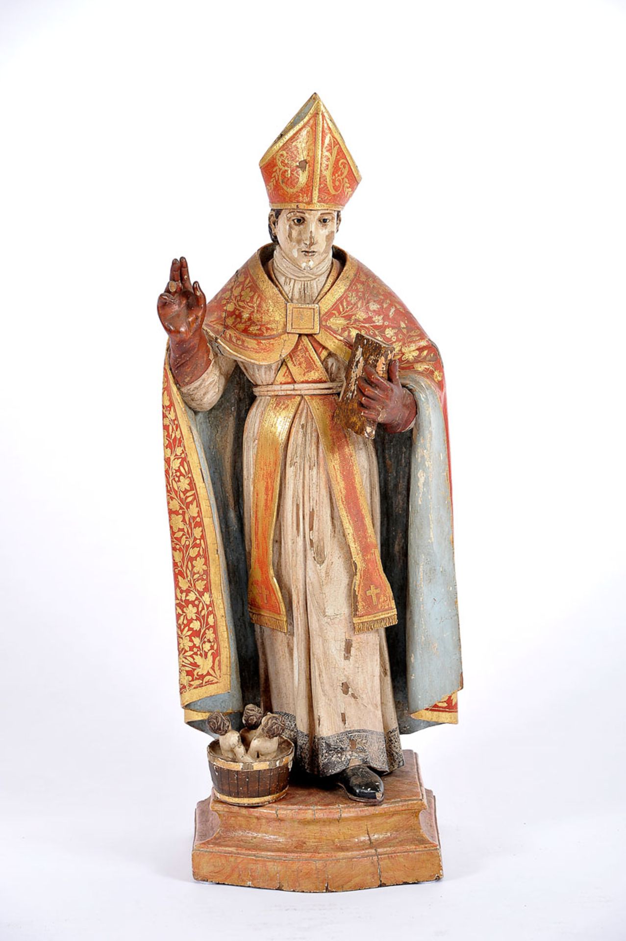 St. Nicholas, gilt and polychrome wooden sculpture, Portuguese, 18th C., one finger lacking,