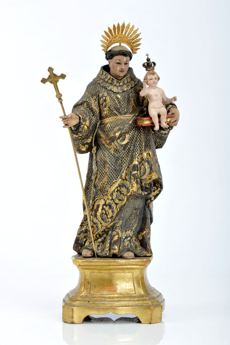 St. Anthony with The Child Jesus, gilt and polychrome wood sculpture, glass eyes, gilt wooden stand,