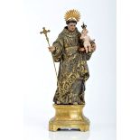 St. Anthony with The Child Jesus, gilt and polychrome wood sculpture, glass eyes, gilt wooden stand,