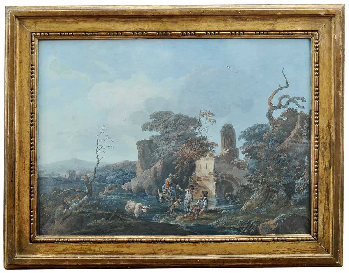 An outdoor scene with figures and ruins, gouache on paper, in the Jean Pillement manner, French