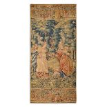 A Tapestry, polychrome wool yarn "Landscape with female figures and Cupid", polychrome bordure "