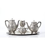 A Tea and Coffee Set with Tray, 800/1000 silver, consisting of tray, teapot, coffee pot, milk jug