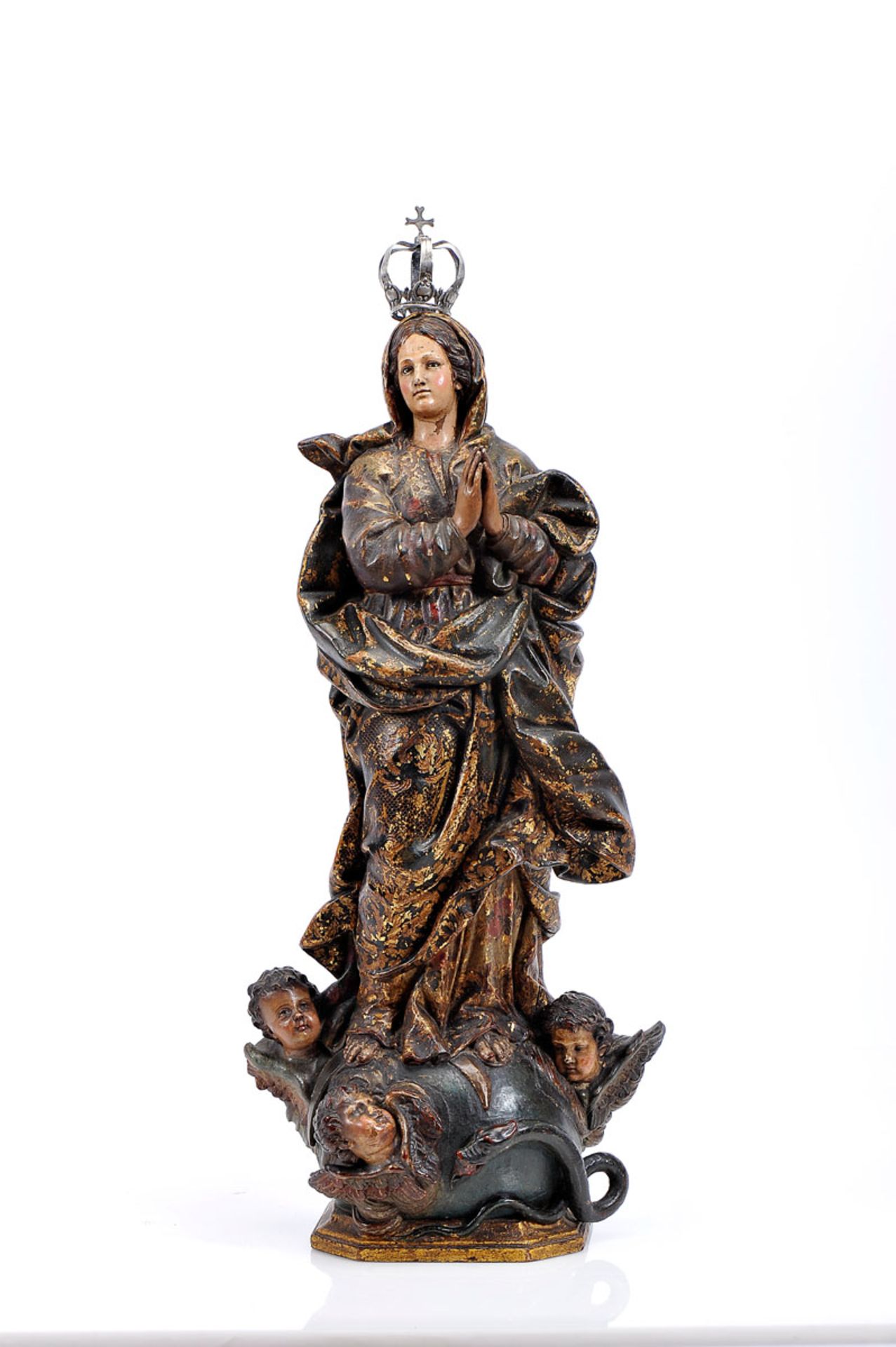 Our Lady of the Immaculate Conception, carved, gilt and polychrome wooden sculpture, silver crown,