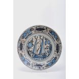 A Dish, faience, blue and vinous "spiders" decoration "Ship", Portuguese, 17th C. (2nd half),