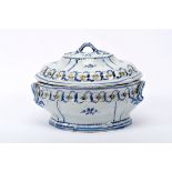 A Tureen, rocaille, faience probably from Estremoz, blue and yellow decoration "garlands of