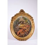 A Still-Life - fish and seafood, polychrome terracotta oval plate pasted on wood, gilted wood and