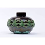 A Bulky Vase, Caldas da Rainha faience, green frieza on brown background "Frogs holding legs",