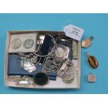 Silver jewellery, one ounce pendant, seven various pendants, engraved belt buckle, two pill-boxes,