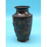 A late 19th century Japanese bronze vase, body with cast birds and coloured plants, unsigned, 12in.