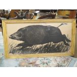 A large lithographic boar target, black monochrome, in moulded wood frame, 30 x 56in.