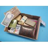 Various cigarette cards, banknotes and coins, marcasite brooch and ear-drops, etc.