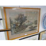 An early 19th century coloured engraving, Otter Hunting, after Reinagle, 14 x 21in., light oak frame