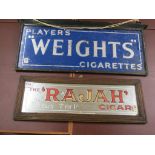 A Player's' Weights' Cigarettes, an advertising sign in black metal frame, 30in. wide and another,