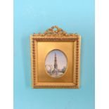 A late 19th century miniature on ivory, tower and ancient ruins, 2.5in. oval, crested gilt frame