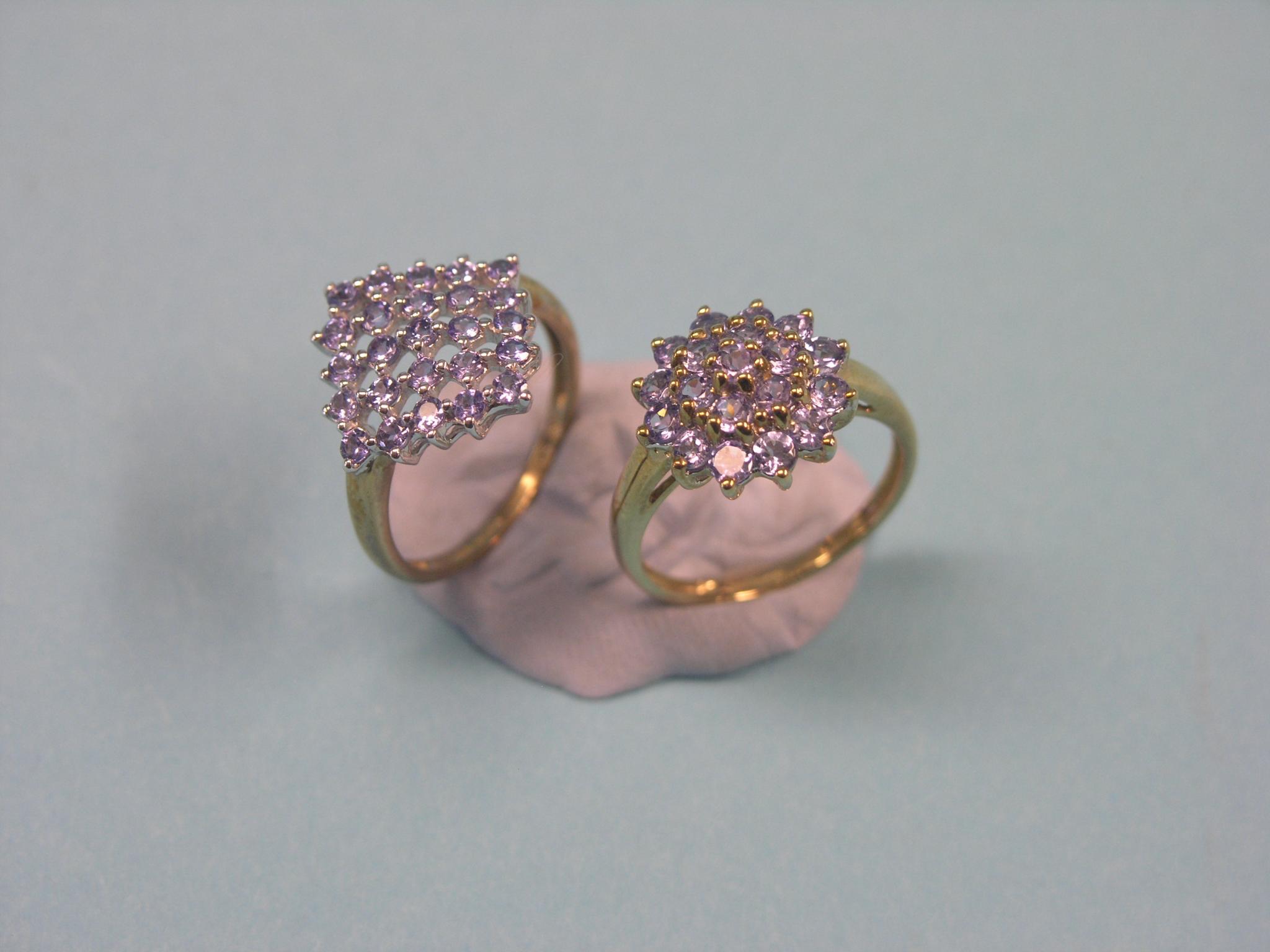 Two modern 9ct. gold dress rings, tanzanite cluster settings