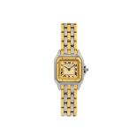 Cartier, "Panthere". Fine, square, water-resistant, stainless steel and gold quartz [...]