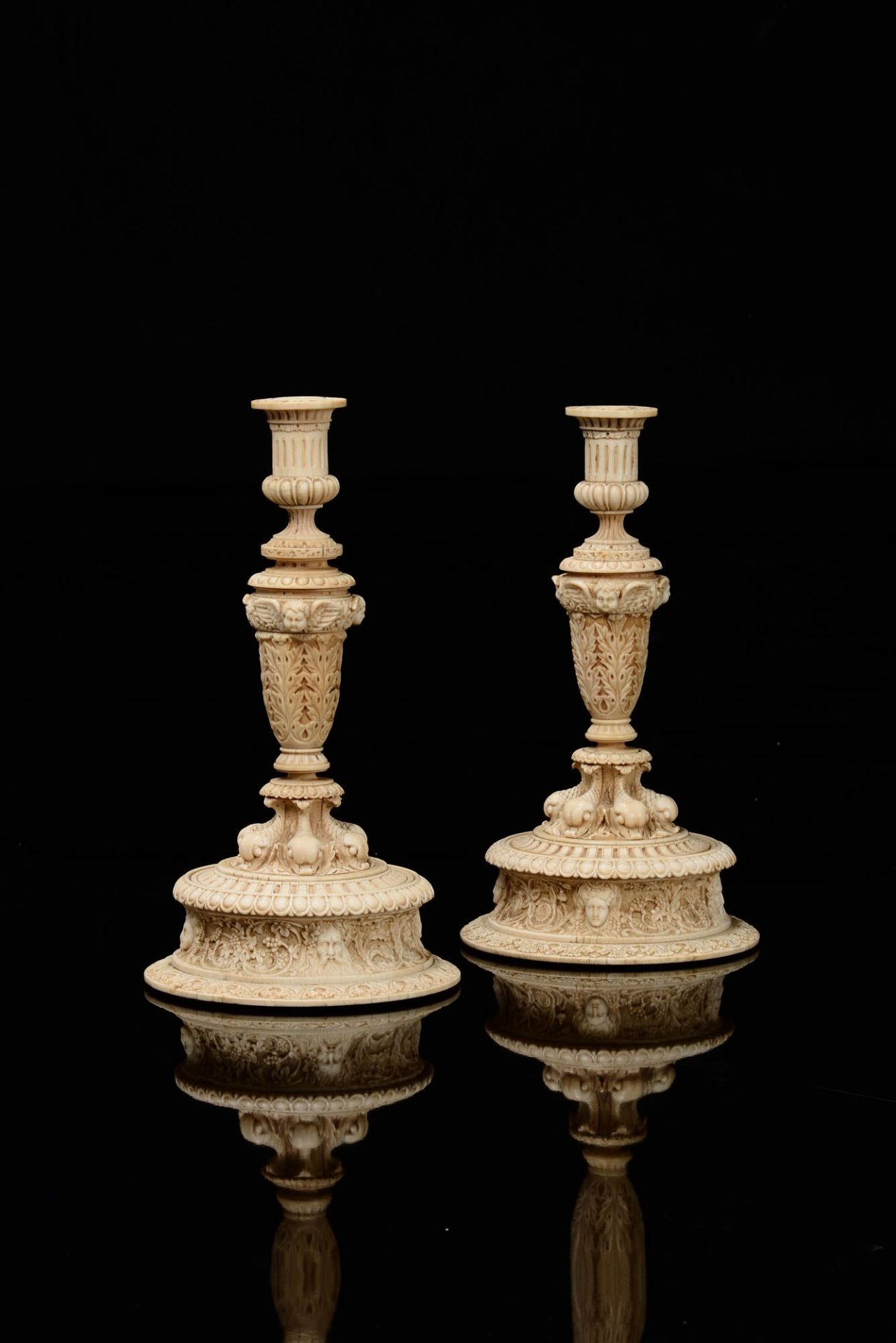 Two important ivory candleholders, France, 1800s - A pair of elaborate ivory [...]