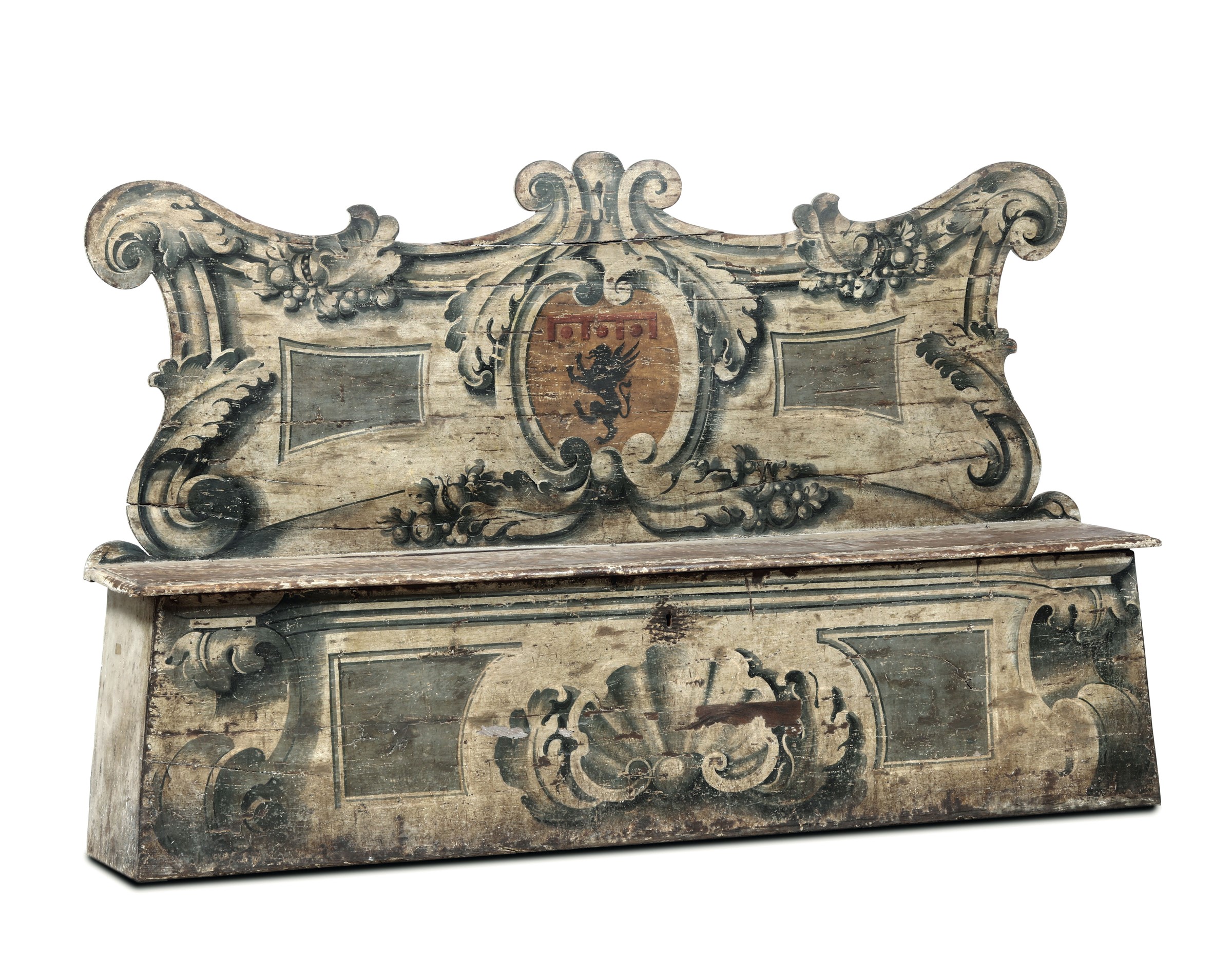 A bench, Marche, 18th century - A pew-type bench in painted wood. 216x43x137cm - [...]