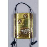 A Japanese brass four case Inro inlaid in copper, brass and silvery metal with butterflies and