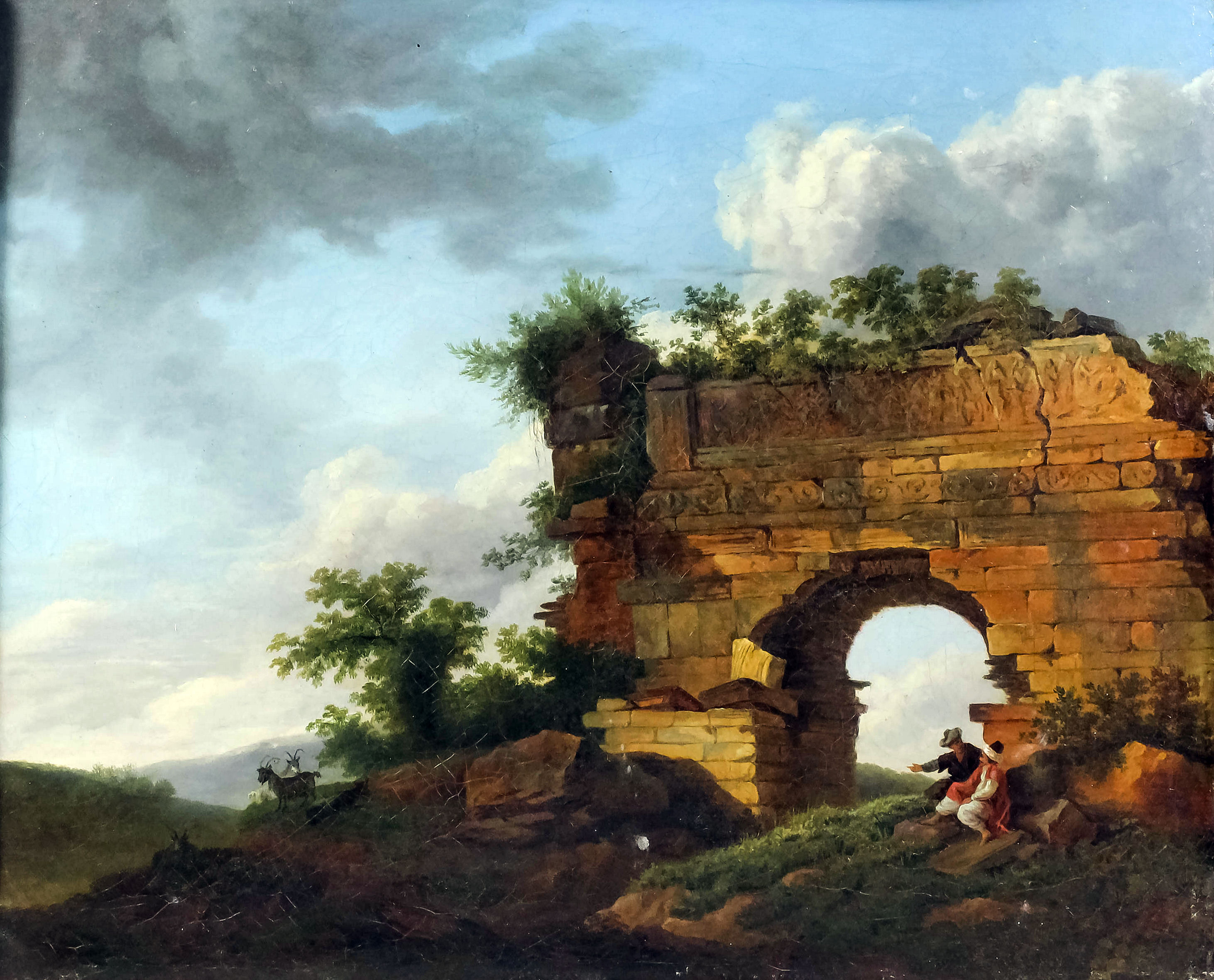 18th Century Continental school - Oil painting - Two seated figures beside a ruined Roman arch,