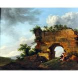 18th Century Continental school - Oil painting - Two seated figures beside a ruined Roman arch,