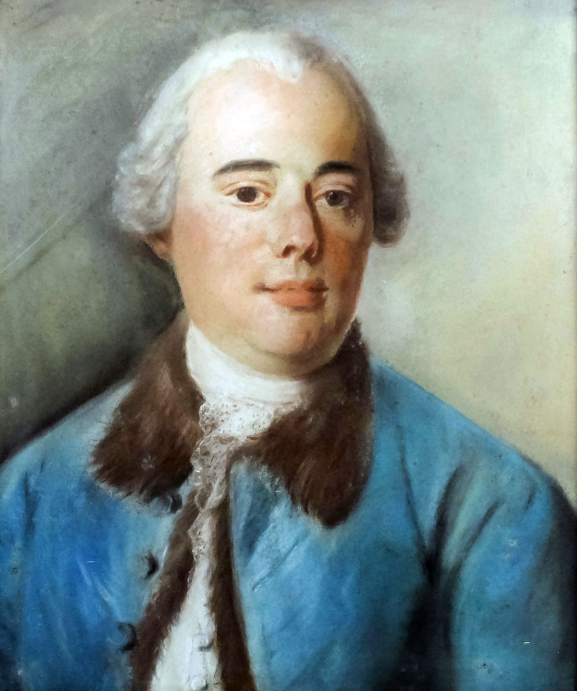 18th Century French school - Pastel - Shoulder-length portrait of a young man wearing a blue coat