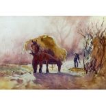 ***Eileen Soper (1905-1990) - Watercolour - "Collecting Hay", 9.5ins x 13.75ins, in gilt frame and