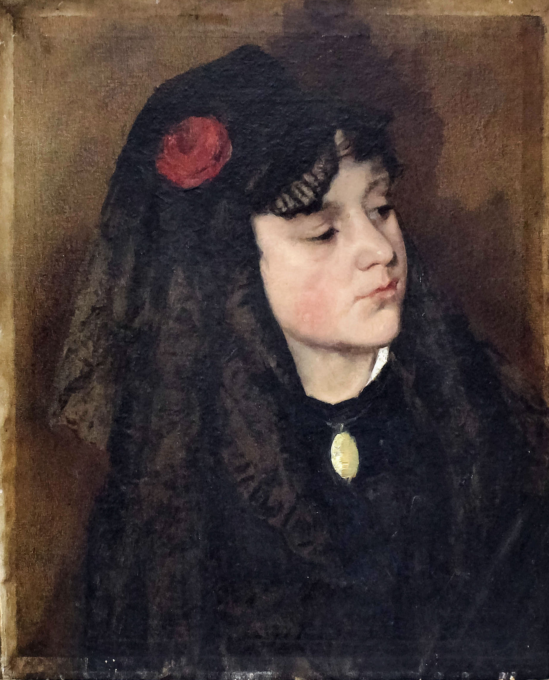 Late 19th Century Continental school - Oil painting - Shoulder-length portrait of a young Spanish