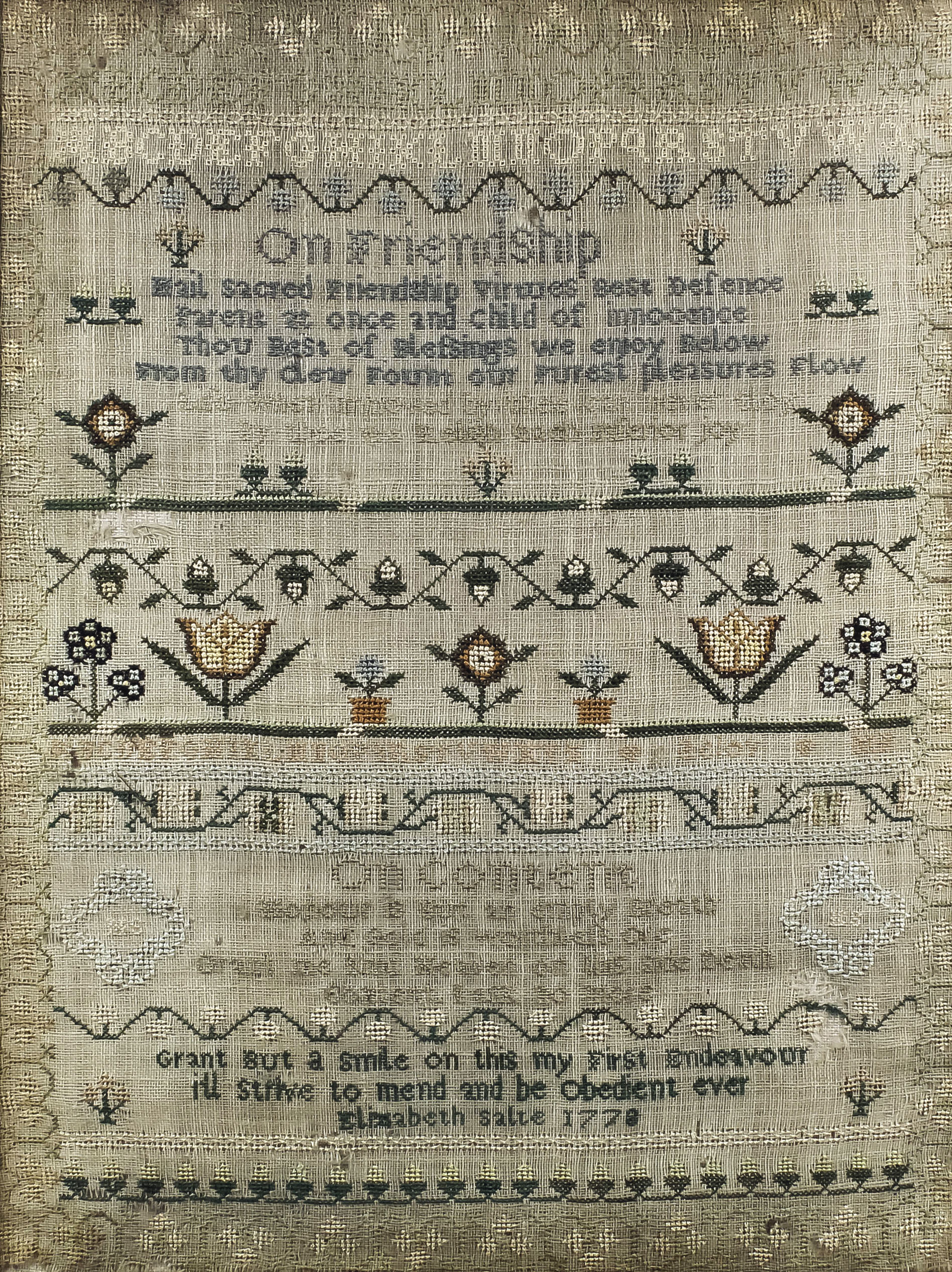 A George III sampler worked in coloured silks by Elizabeth Salte 1778, with bands of foliage,