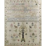 A late George III needlework sampler by Mary Story, 1803, worked in coloured silks with Adam and Eve