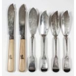 Five Georgian and Victorian silver fiddle pattern fish knives, various makers and dates (