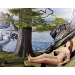 Eves - Oil painting - Reclining nude female beside a lake, board 24ins x 30.25ins, signed, in modern
