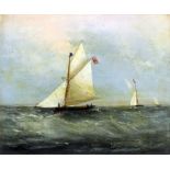 19th Century British school - Oil painting - Fishing boats at sea, panel 5.75ins x 7ins, in gilt
