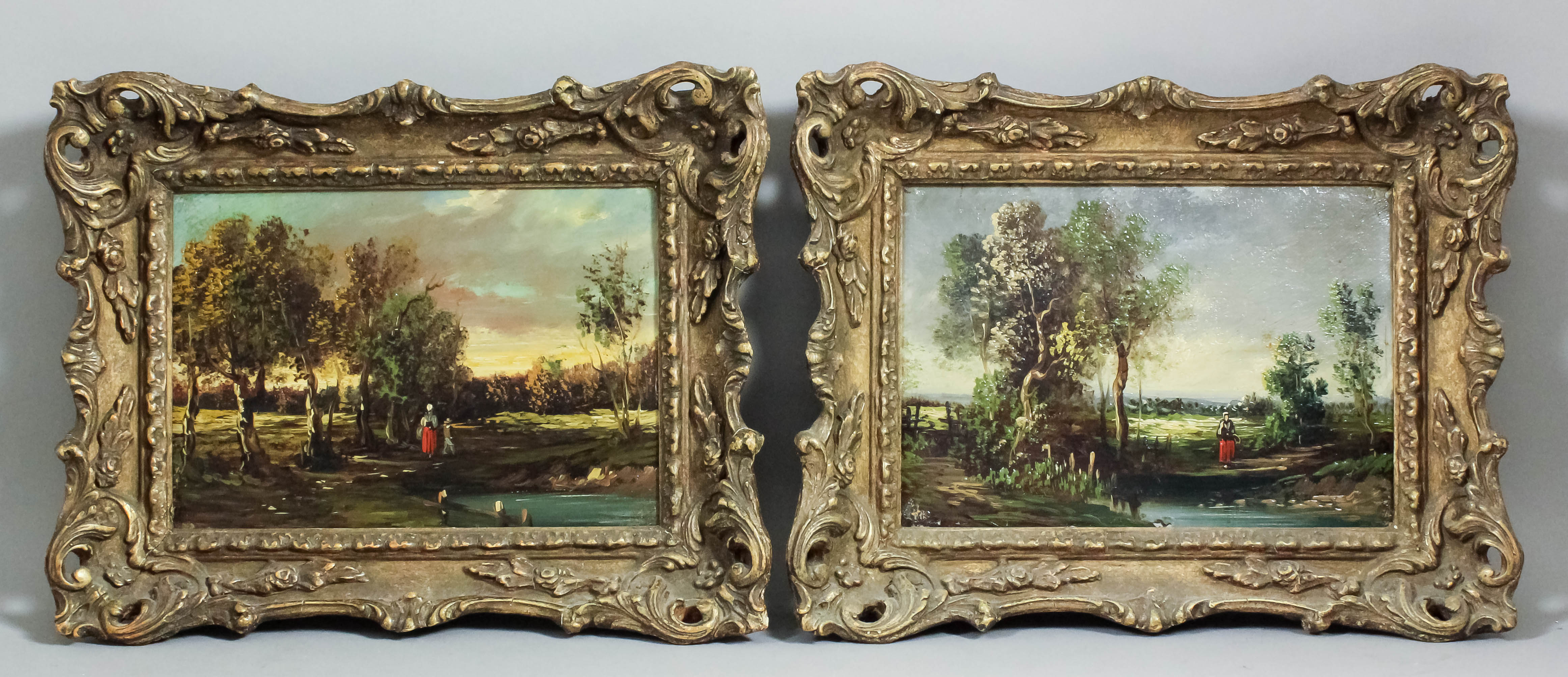 Continental school - Pair of small oil paintings - Rural landscapes, each with a figure by a pond,