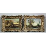 Continental school - Pair of small oil paintings - Rural landscapes, each with a figure by a pond,