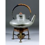 A "Tudric" pewter, copper and brass tea kettle on, stand, Model No. 01098, the kettle of circular