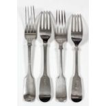 Six late Victorian silver fiddle pattern table forks by John Round & Son Ltd, Sheffield 1892, and