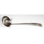 An 18th Century silver soup ladle with plain circular bowl, possibly Newcastle 1736 but incompletely