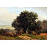 S.H. (19th Century) - Pair of oil paintings - Country landscapes, each with a figure resting on a