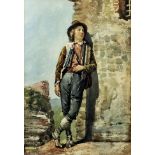 19th Century Continental school - Watercolour - Full-length portrait of a young shepherd boy leaning