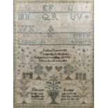 A Queen Anne needlework sampler worked by Elizabeth Allen of Petworth 1706, worked with a standing
