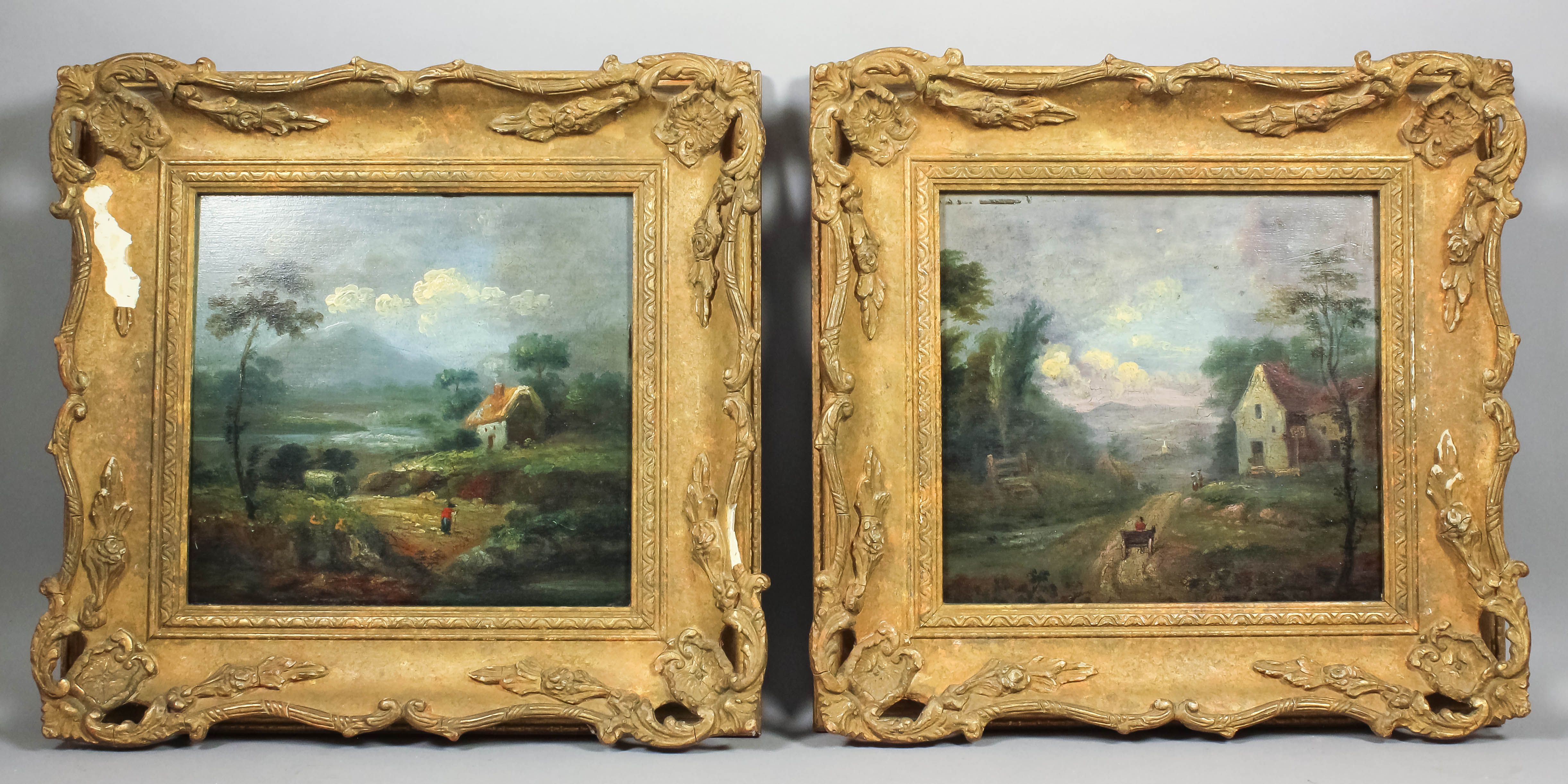 19th Century English school - Pair of oil paintings - Rural landscapes, one with figures and cart by