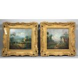 19th Century English school - Pair of oil paintings - Rural landscapes, one with figures and cart by